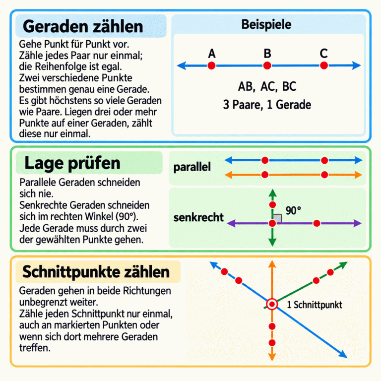 Lehrbeispiele zu Geraden durch Punkte. Drei Punkte A, B und C liegen auf einer Geraden. Die Paare AB, AC und BC ergeben dieselbe Gerade: drei Paare, eine Gerade. Zwei weitere Skizzen zeigen parallele Geraden ohne Schnittpunkt und senkrechte Geraden mit einem rechten Winkel von 90 Grad. Jede Gerade geht durch zwei gewählte Punkte. Im letzten Beispiel treffen sich drei Geraden außerhalb der Verbindungsstrecken ihrer markierten Punkte an derselben Stelle. Diese Stelle zählt nur als ein Schnittpunkt. Geraden verlaufen in beide Richtungen unbegrenzt weiter. Geraden zählen: Gehe Punkt für Punkt vor. Zähle jedes Paar nur einmal; die Reihenfolge ist egal. Zwei verschiedene Punkte bestimmen genau eine Gerade. Es gibt höchstens so viele Geraden wie Paare. Liegen drei oder mehr Punkte auf einer Geraden, zählt diese nur einmal. Lage prüfen: Parallele Geraden schneiden sich nie. Senkrechte Geraden schneiden sich im rechten Winkel (90°). Jede Gerade muss durch zwei der gewählten Punkte gehen. Schnittpunkte zählen: Geraden gehen in beide Richtungen unbegrenzt weiter. Zähle jeden Schnittpunkt nur einmal, auch an markierten Punkten oder wenn sich dort mehrere Geraden treffen. Beispiele A B C AB, AC, BC 3 Paare, 1 Gerade parallel senkrecht 90° 1 Schnittpunkt