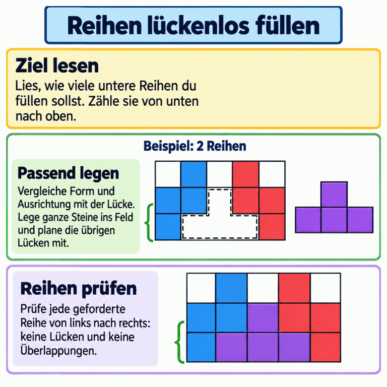 Eine Karte erklärt: Zielanzahl lesen, passende ganze Steine legen und jede geforderte Reihe auf Lücken und Überlappungen prüfen. Im gekennzeichneten Beispiel sollen zwei unterste Reihen gefüllt werden. Zwischen zwei senkrechten Zickzacksteinen bleibt eine T-förmige Lücke. Ein passender T-Stein schließt sie. Danach sind beide unteren Reihen vollständig, während die obere Reihe teilweise leer bleibt. Die tatsächliche Zielanzahl steht in der jeweiligen Aufgabe. Reihen lückenlos füllen Ziel lesen: Lies, wie viele untere Reihen du füllen sollst. Zähle sie von unten nach oben. Passend legen: Vergleiche Form und Ausrichtung mit der Lücke. Lege ganze Steine ins Feld und plane die übrigen Lücken mit. Reihen prüfen: Prüfe jede geforderte Reihe von links nach rechts: keine Lücken und keine Überlappungen. Beispiel: 2 Reihen