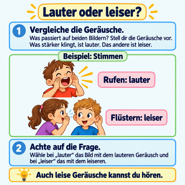 Stell dir die Geräusche zu beiden Bildern vor und vergleiche, wie laut sie klingen. Im Beispiel ruft ein Kind. Ein anderes flüstert einem Kind ins Ohr. Hier ist Rufen lauter und Flüstern leiser. Wähle je nach Frage das Bild mit dem lauteren oder leiseren Geräusch. Auch leise Geräusche kannst du hören. Lauter oder leiser? Vergleiche die Geräusche.: Was passiert auf beiden Bildern? Stell dir die Geräusche vor. Was stärker klingt, ist lauter. Das andere ist leiser. Achte auf die Frage.: Wähle bei „lauter“ das Bild mit dem lauteren Geräusch und bei „leiser“ das mit dem leiseren. Auch leise Geräusche kannst du hören. Beispiel: Stimmen Rufen: lauter Flüstern: leiser 1 2