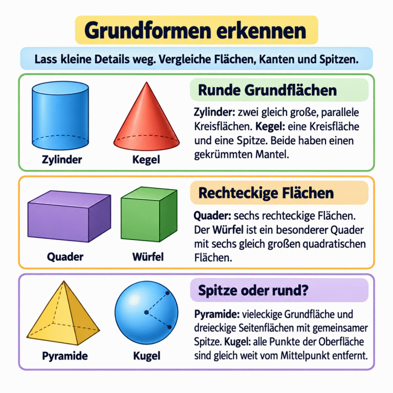 Merkmalskarte zum Vergleichen der Grundform eines Gegenstands. Der Zylinder hat zwei gleich große, parallele Kreisflächen; der Kegel hat eine Kreisfläche und eine Spitze. Beide haben einen gekrümmten Mantel. Der Quader hat sechs rechteckige Flächen. Der Würfel ist ein besonderer Quader mit sechs gleich großen quadratischen Flächen. Die Pyramide hat eine vieleckige Grundfläche und dreieckige Seitenflächen mit gemeinsamer Spitze. Bei der Kugel sind alle Oberflächenpunkte gleich weit vom Mittelpunkt entfernt. Kleine Details werden beim Vergleich ausgeblendet. Grundformen erkennen Runde Grundflächen: Zylinder: zwei gleich große, parallele Kreisflächen. Kegel: eine Kreisfläche und eine Spitze. Beide haben einen gekrümmten Mantel. Rechteckige Flächen: Quader: sechs rechteckige Flächen. Der Würfel ist ein besonderer Quader mit sechs gleich großen quadratischen Flächen. Spitze oder rund?: Pyramide: vieleckige Grundfläche und dreieckige Seitenflächen mit gemeinsamer Spitze. Kugel: alle Punkte der Oberfläche sind gleich weit vom Mittelpunkt entfernt. Lass kleine Details weg. Vergleiche Flächen, Kanten und Spitzen. Zylinder Kegel Quader Würfel Pyramide Kugel