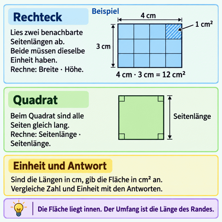 Lernkarte zur Fläche von Rechteck und Quadrat. Beim Rechteck werden zwei benachbarte Seitenlängen in derselben Einheit multipliziert. Ein gekennzeichnetes Beispiel zeigt ein Rechteck mit 4 cm und 3 cm Seitenlänge, ausgefüllt mit zwölf Einheitsquadraten von je einem Quadratzentimeter. Die Rechnung ergibt 12 cm². Beim Quadrat sind alle Seiten gleich lang: Seitenlänge mal Seitenlänge. Bei Längen in Zentimetern wird die Fläche in Quadratzentimetern angegeben. Zahl und Einheit werden mit den Antworten verglichen. Die Fläche liegt innen; der Umfang ist die Länge des Randes. Rechteck: Lies zwei benachbarte Seitenlängen ab. Beide müssen dieselbe Einheit haben. Rechne: Breite · Höhe. Quadrat: Beim Quadrat sind alle Seiten gleich lang. Rechne: Seitenlänge · Seitenlänge. Einheit und Antwort: Sind die Längen in cm, gib die Fläche in cm² an. Vergleiche Zahl und Einheit mit den Antworten. Die Fläche liegt innen. Der Umfang ist die Länge des Randes. Beispiel 4 cm 3 cm 1 cm² 4 cm · 3 cm = 12 cm² Seitenlänge