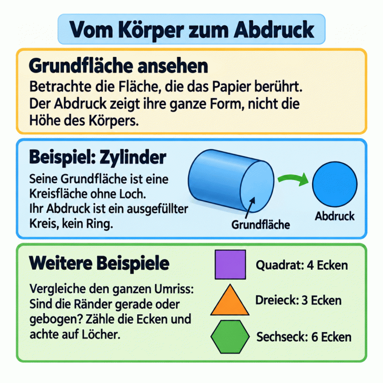 Erklärkarte mit einem Zylinder als Lehrbeispiel: Seine kreisförmige Grundfläche ohne Loch ergibt einen flachen, ausgefüllten Kreis. Weitere Grundflächenbeispiele sind ein Quadrat mit vier Ecken, ein Dreieck mit drei Ecken und ein Sechseck mit sechs Ecken. Die Anleitung erklärt, dass die ganze berührende Fläche abgedruckt wird, nicht die Körperhöhe. Zum Vergleichen sollen der gesamte Umriss, gerade oder gebogene Ränder, Ecken und mögliche Löcher betrachtet werden. Vom Körper zum Abdruck Grundfläche ansehen: Betrachte die Fläche, die das Papier berührt. Der Abdruck zeigt ihre ganze Form, nicht die Höhe des Körpers. Beispiel: Zylinder: Seine Grundfläche ist eine Kreisfläche ohne Loch. Ihr Abdruck ist ein ausgefüllter Kreis, kein Ring. Weitere Beispiele: Vergleiche den ganzen Umriss: Sind die Ränder gerade oder gebogen? Zähle die Ecken und achte auf Löcher. Grundfläche Abdruck Quadrat: 4 Ecken Dreieck: 3 Ecken Sechseck: 6 Ecken