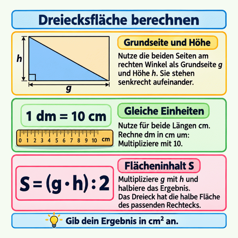 Ein rechtwinkliges Dreieck wird zu einem Rechteck ergänzt. Grundseite g und Höhe h stehen senkrecht aufeinander. Das Dreieck bedeckt die halbe Rechteckfläche. Beide Längen werden in Zentimetern verwendet; ein Dezimeter entspricht zehn Zentimetern. Für den Flächeninhalt S werden g und h multipliziert und das Ergebnis halbiert. Die Einheit ist cm², also Quadratzentimeter. Dreiecksfläche berechnen Grundseite und Höhe: Nutze die beiden Seiten am rechten Winkel als Grundseite g und Höhe h. Sie stehen senkrecht aufeinander. Gleiche Einheiten: Nutze für beide Längen cm. Rechne dm in cm um: Multipliziere mit 10. Flächeninhalt S: Multipliziere g mit h und halbiere das Ergebnis. Das Dreieck hat die halbe Fläche des passenden Rechtecks. Gib dein Ergebnis in cm² an. g h 1 dm = 10 cm S = (g · h) : 2 1 2 3 4 5 6 7 8 9 10 cm