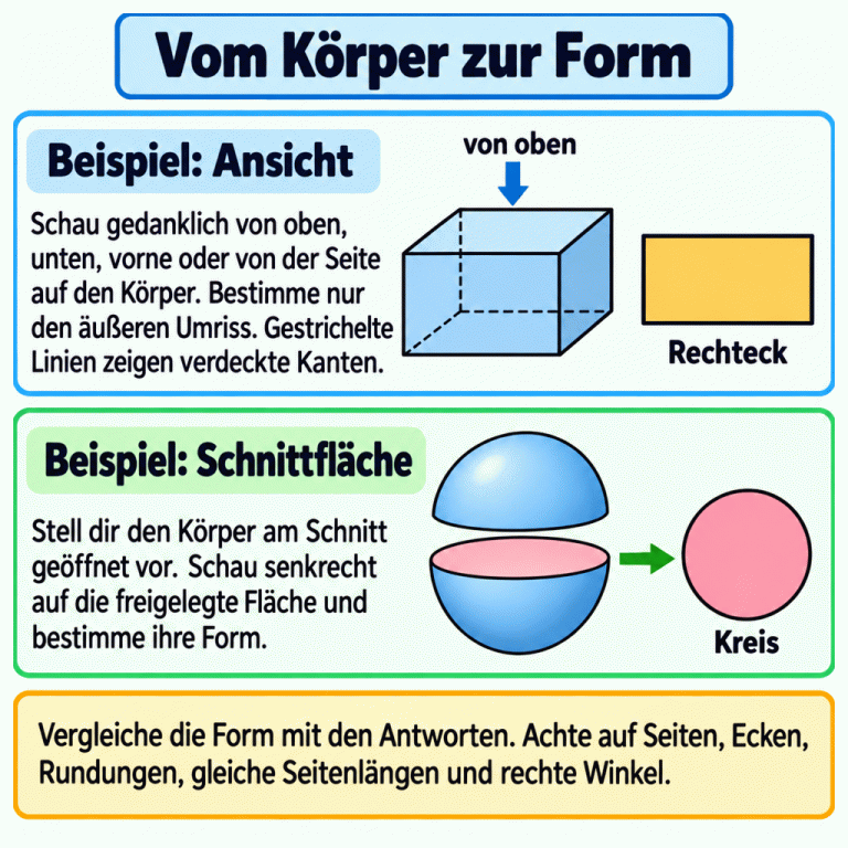 Zwei Lehrbeispiele stehen untereinander. Oben zeigt eine räumliche Quaderzeichnung mit verdeckten gestrichelten Kanten den Blick von oben; die zugehörige ebene Ansicht ist ein Rechteck. Unten ist an einer Halbkugel die flache Schnittfläche freigelegt. Sie erscheint im schrägen Raumbild elliptisch. Der separate Kreis zeigt dieselbe Schnittfläche senkrecht betrachtet. Die Texte erklären, wie Blickrichtung, Umriss und Schnittfläche zur gesuchten Form führen. Vom Körper zur Form Beispiel: Ansicht: Schau gedanklich von oben, unten, vorne oder von der Seite auf den Körper. Bestimme nur den äußeren Umriss. Gestrichelte Linien zeigen verdeckte Kanten. Beispiel: Schnittfläche: Stell dir den Körper am Schnitt geöffnet vor. Schau senkrecht auf die freigelegte Fläche und bestimme ihre Form. Vergleiche die Form mit den Antworten. Achte auf Seiten, Ecken, Rundungen, gleiche Seitenlängen und rechte Winkel. von oben Rechteck Kreis