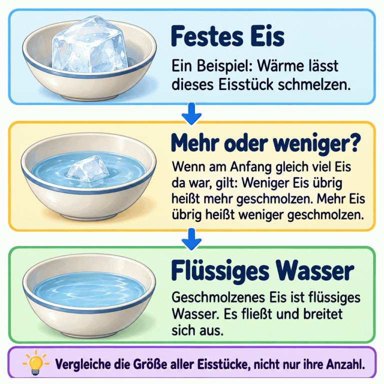 Ein Schmelzbeispiel zeigt dasselbe Eisstück in drei Zuständen: groß und fest, als kleiner Rest mit Wasser und schließlich vollständig als flüssiges Wasser. Bei gleicher Ausgangsmenge bedeutet weniger übrig gebliebenes Eis mehr Schmelzen und mehr übrig gebliebenes Eis weniger Schmelzen. Die Anzahl der Stücke allein reicht zum Vergleichen nicht aus. Festes Eis: Ein Beispiel: Wärme lässt dieses Eisstück schmelzen. Mehr oder weniger?: Wenn am Anfang gleich viel Eis da war, gilt: Weniger Eis übrig heißt mehr geschmolzen. Mehr Eis übrig heißt weniger geschmolzen. Flüssiges Wasser: Geschmolzenes Eis ist flüssiges Wasser. Es fließt und breitet sich aus. Vergleiche die Größe aller Eisstücke, nicht nur ihre Anzahl.