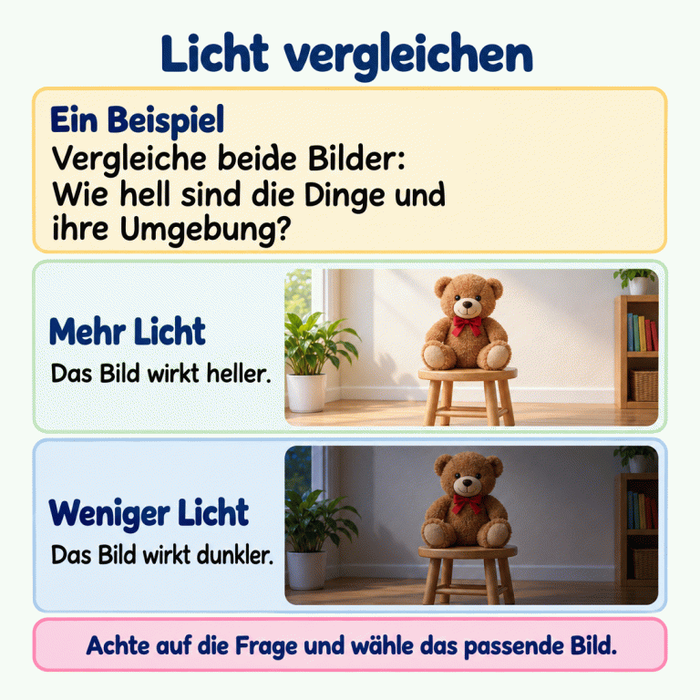 Eine Lernkarte zeigt als Beispiel dieselbe Raumszene mit einem Plüschbären auf einem Schemel bei zwei unterschiedlichen Beleuchtungen. Bär und Umgebung wirken bei mehr Licht heller und bei weniger Licht dunkler. Die Anleitung fordert dazu auf, die Dinge und ihre Umgebung in beiden Bildern zu vergleichen und passend zur Frage auszuwählen. Licht vergleichen Ein Beispiel: Vergleiche beide Bilder: Wie hell sind die Dinge und ihre Umgebung? Mehr Licht: Das Bild wirkt heller. Weniger Licht: Das Bild wirkt dunkler. Achte auf die Frage und wähle das passende Bild.