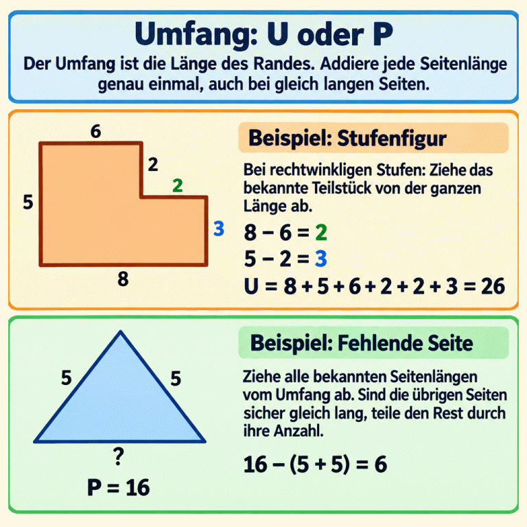 Der Umfang ist die gesamte Randlänge und wird hier mit U oder P bezeichnet. Zwei Lehrbeispiele zeigen die Methode. Bei einer rechtwinkligen Stufenfigur werden zwei Randstücke mit 8 − 6 = 2 und 5 − 2 = 3 ergänzt. Alle sechs Seiten zusammen ergeben U = 8 + 5 + 6 + 2 + 2 + 3 = 26. Ein Dreieck hat zwei bekannte Seiten der Länge 5 und den Umfang P = 16. Die dritte Seite ergibt sich aus 16 − (5 + 5) = 6. Bleiben mehrere sicher gleich lange Seiten unbekannt, wird die verbleibende Randlänge durch ihre Anzahl geteilt. Umfang: U oder P: Der Umfang ist die Länge des Randes. Addiere jede Seitenlänge genau einmal, auch bei gleich langen Seiten. Beispiel: Stufenfigur: Bei rechtwinkligen Stufen: Ziehe das bekannte Teilstück von der ganzen Länge ab. Beispiel: Fehlende Seite: Ziehe alle bekannten Seitenlängen vom Umfang ab. Sind die übrigen Seiten sicher gleich lang, teile den Rest durch ihre Anzahl. 8 6 5 2 3 8 − 6 = 2 5 − 2 = 3 U = 8 + 5 + 6 + 2 + 2 + 3 = 26 ? P = 16 16 − (5 + 5) = 6