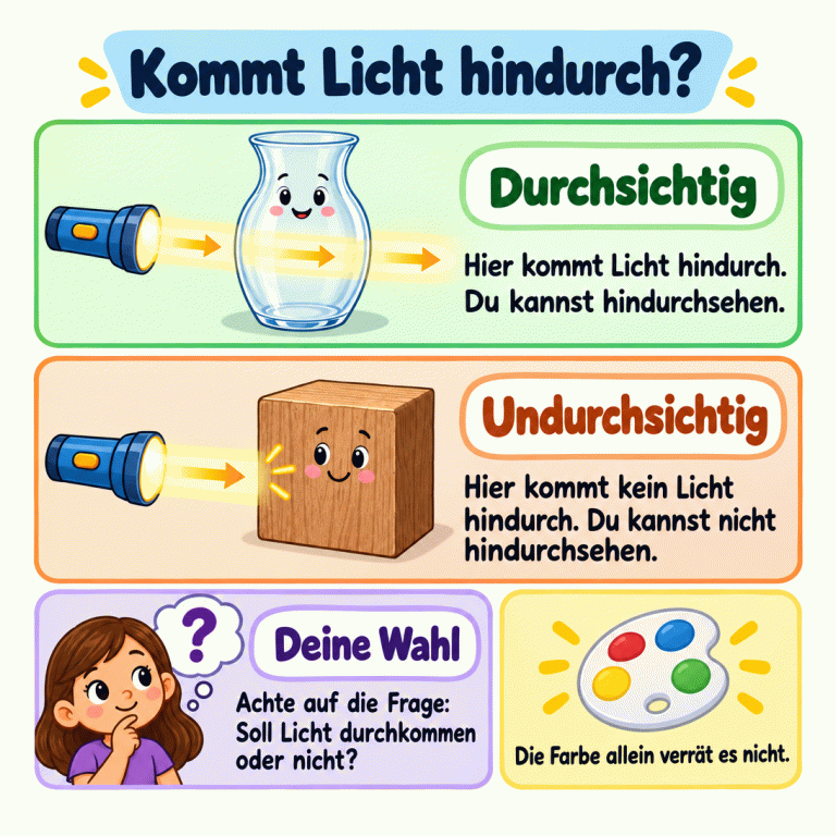 Zwei Lehrbeispiele zeigen den Unterschied: Ein Lichtstrahl geht durch die geschlossenen Glaswände einer klaren Vase. Ein anderer endet an einem massiven Holzbaustein. Durch die Glaswand kannst du hindurchsehen, durch das Holz nicht. Achte auf die Frage: Soll Licht durchkommen oder nicht? Die Farbe allein verrät es nicht. Kommt Licht hindurch? Durchsichtig: Hier kommt Licht hindurch. Du kannst hindurchsehen. Undurchsichtig: Hier kommt kein Licht hindurch. Du kannst nicht hindurchsehen. Deine Wahl: Achte auf die Frage: Soll Licht durchkommen oder nicht? Die Farbe allein verrät es nicht. ?
