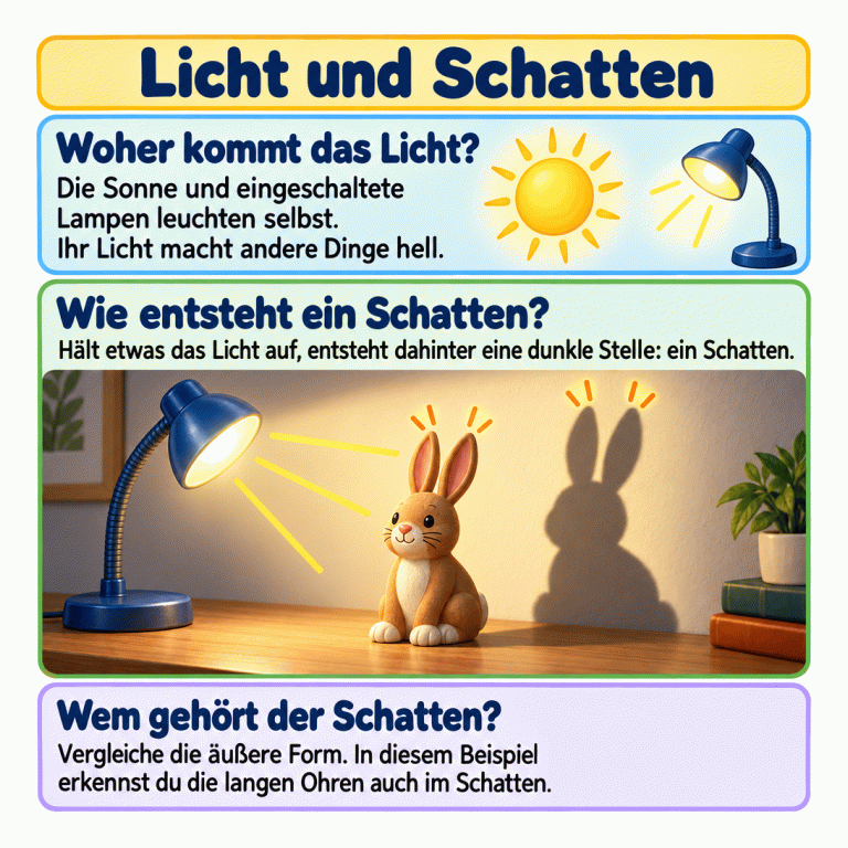 Eine Sonne und eine eingeschaltete Lampe werden als Lichtquellen gezeigt. In einer eigenen Lampenszene steht eine Hasenfigur. Sie hält Licht auf, sodass ihr dunkler Schatten auf der beleuchteten Wand erscheint. Die langen Ohren sind an Figur und Schatten erkennbar und werden für den Vergleich der äußeren Form hervorgehoben. Licht und Schatten Woher kommt das Licht?: Die Sonne und eingeschaltete Lampen leuchten selbst. Ihr Licht macht andere Dinge hell. Wie entsteht ein Schatten?: Hält etwas das Licht auf, entsteht dahinter eine dunkle Stelle: ein Schatten. Wem gehört der Schatten?: Vergleiche die äußere Form. In diesem Beispiel erkennst du die langen Ohren auch im Schatten.