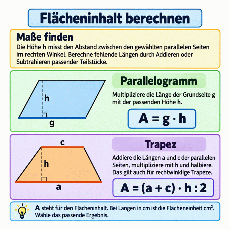 Die Karte zeigt ein Parallelogramm mit Grundseite g und zugehöriger rechtwinkliger Höhe h sowie ein Trapez mit parallelen Seiten a und c und Höhe h. Die Formeln lauten A = g · h und A = (a + c) · h : 2. Die Trapezformel gilt auch für rechtwinklige Trapeze. Fehlende Längen lassen sich aus Teilstücken berechnen. Bei Längen in Zentimetern wird die Fläche in Quadratzentimetern angegeben. Flächeninhalt berechnen Maße finden: Die Höhe h misst den Abstand zwischen den gewählten parallelen Seiten im rechten Winkel. Berechne fehlende Längen durch Addieren oder Subtrahieren passender Teilstücke. Parallelogramm: Multipliziere die Länge der Grundseite g mit der passenden Höhe h. Trapez: Addiere die Längen a und c der parallelen Seiten, multipliziere mit h und halbiere. Das gilt auch für rechtwinklige Trapeze. A steht für den Flächeninhalt. Bei Längen in cm ist die Flächeneinheit cm². Wähle das passende Ergebnis. g h a c A = g · h A = (a + c) · h : 2