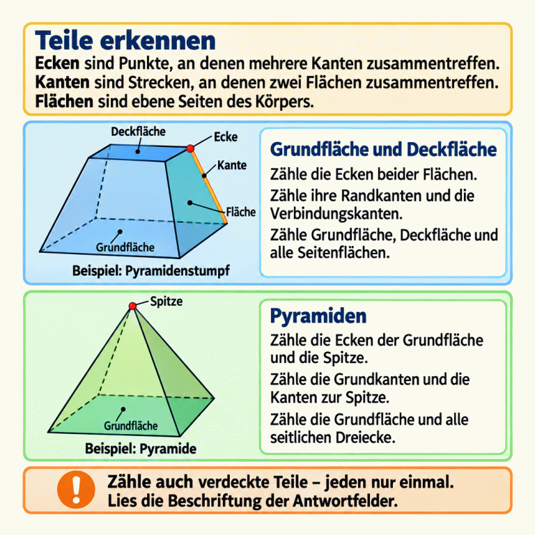 Eine Erklärung zum Zählen von Ecken, Kanten und Flächen mit zwei Lehrbeispielen: einem Pyramidenstumpf und einer Pyramide. Am Pyramidenstumpf sind eine Ecke, eine Kante, eine Seitenfläche sowie Grund- und Deckfläche beschriftet. Der Text erklärt das getrennte Zählen an beiden Begrenzungsflächen und an den seitlichen Verbindungen. Bei der Pyramide werden Grundecken und Spitze, Grundkanten und Kanten zur Spitze sowie Grundfläche und seitliche Dreiecke gezählt. Gestrichelte Linien zeigen verdeckte Kanten. Auch verdeckte Teile zählen mit, jeder Teil nur einmal. Die Ergebnisse werden nach der Beschriftung der Antwortfelder eingetragen. Teile erkennen: Ecken sind Punkte, an denen mehrere Kanten zusammentreffen. Kanten sind Strecken, an denen zwei Flächen zusammentreffen. Flächen sind ebene Seiten des Körpers. Grundfläche und Deckfläche: Zähle die Ecken beider Flächen. Zähle ihre Randkanten und die Verbindungskanten. Zähle Grundfläche, Deckfläche und alle Seitenflächen. Pyramiden: Zähle die Ecken der Grundfläche und die Spitze. Zähle die Grundkanten und die Kanten zur Spitze. Zähle die Grundfläche und alle seitlichen Dreiecke. Zähle auch verdeckte Teile – jeden nur einmal. Lies die Beschriftung der Antwortfelder. Beispiel: Pyramidenstumpf Beispiel: Pyramide Ecke Kante Fläche Grundfläche Deckfläche Spitze !