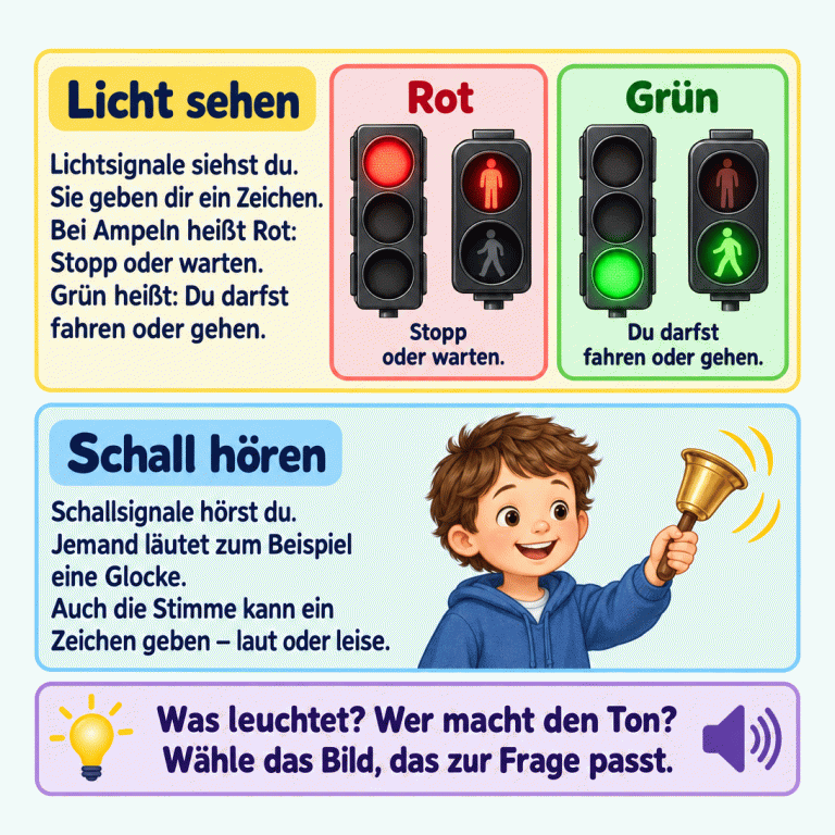Lichtsignale siehst du, Schallsignale hörst du. Die Ampelbeispiele zeigen rotes Licht und eine rote stehende Figur: Stopp oder warten. Grünes Licht und eine grüne gehende Figur bedeuten: Du darfst fahren oder gehen. Ein Kind läutet eine Glocke. Auch die Stimme kann laut oder leise ein Zeichen geben. Wähle das Bild, das zur Frage passt. Licht sehen: Lichtsignale siehst du. Sie geben dir ein Zeichen. Bei Ampeln heißt Rot: Stopp oder warten. Grün heißt: Du darfst fahren oder gehen. Schall hören: Schallsignale hörst du. Jemand läutet zum Beispiel eine Glocke. Auch die Stimme kann ein Zeichen geben – laut oder leise. Was leuchtet? Wer macht den Ton? Wähle das Bild, das zur Frage passt. Rot Grün Stopp oder warten. Du darfst fahren oder gehen.
