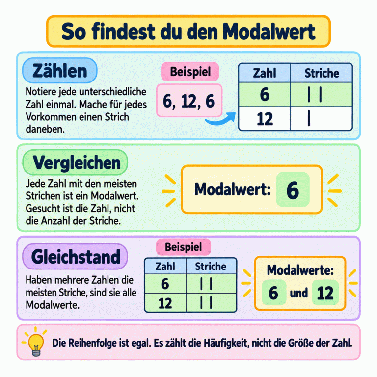 Lernkarte zum Bestimmen des Modalwerts mit einer Strichliste. Im Lehrbeispiel 6, 12, 6 erhält die 6 zwei Striche und die 12 einen Strich. Der Modalwert ist 6, nicht die Anzahl der Striche und nicht die größte Zahl. Ein separates Lehrbeispiel zeigt für 6 und 12 jeweils zwei Striche; beide sind Modalwerte. Entscheidend ist die Häufigkeit. Die Reihenfolge der Zahlen spielt keine Rolle. So findest du den Modalwert Zählen: Notiere jede unterschiedliche Zahl einmal. Mache für jedes Vorkommen einen Strich daneben. Vergleichen: Jede Zahl mit den meisten Strichen ist ein Modalwert. Gesucht ist die Zahl, nicht die Anzahl der Striche. Gleichstand: Haben mehrere Zahlen die meisten Striche, sind sie alle Modalwerte. Die Reihenfolge ist egal. Es zählt die Häufigkeit, nicht die Größe der Zahl. Beispiel Zahl Striche 6 12 , | Modalwert: Modalwerte: und