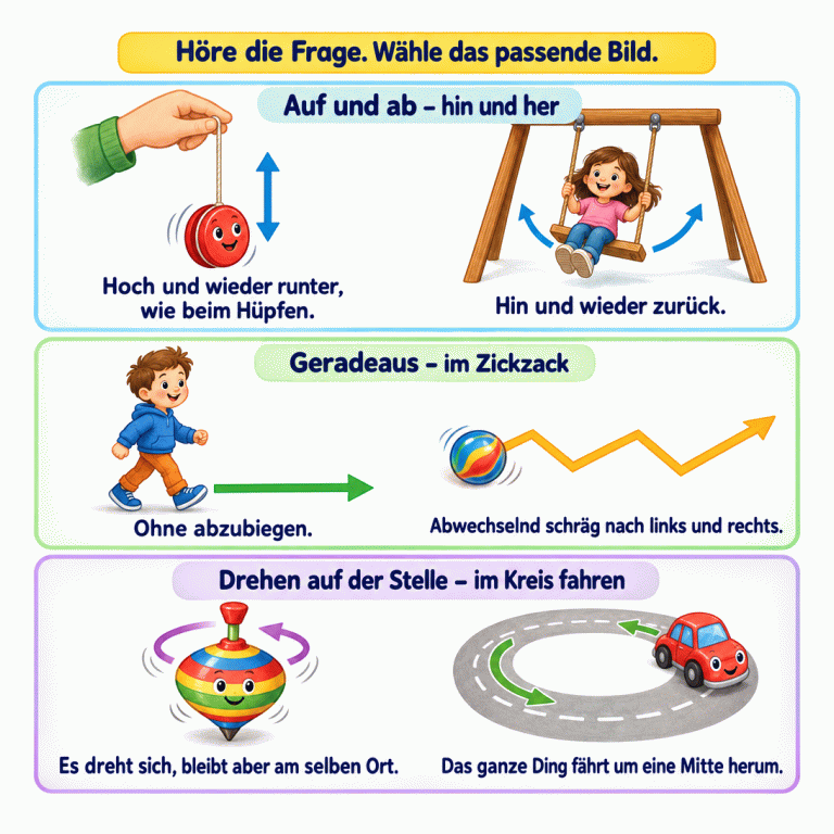 Drei Bildpaare erklären Bewegungen. Ein Jo-Jo bewegt sich hoch und runter, ein Kind schaukelt im Bogen hin und zurück. Ein Kind geht auf einem geraden Weg, eine Murmel rollt auf einem eckigen Zickzackweg. Ein Kreisel dreht sich am selben Ort, während ein Spielzeugauto auf einer runden Bahn um eine Mitte fährt. Pfeile zeigen die Wege und Bewegungsrichtungen. Auf und ab – hin und her: Hoch und wieder runter, wie beim Hüpfen. Hin und wieder zurück. Geradeaus – im Zickzack: Ohne abzubiegen. Abwechselnd schräg nach links und rechts. Drehen auf der Stelle – im Kreis fahren: Es dreht sich, bleibt aber am selben Ort. Das ganze Ding fährt um eine Mitte herum. Höre die Frage. Wähle das passende Bild.