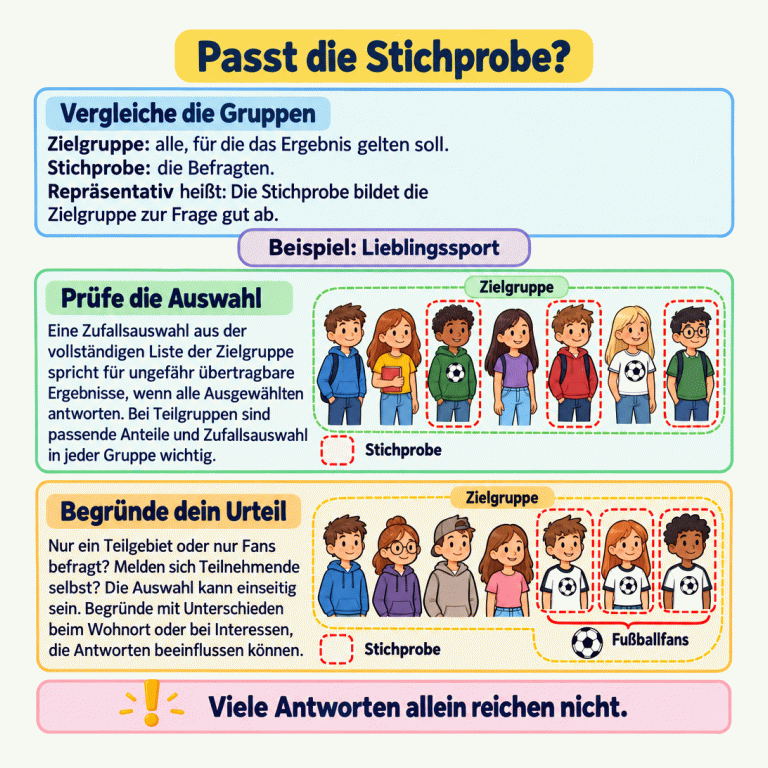 Die Karte erklärt den Vergleich von Zielgruppe und Stichprobe. Repräsentativ bedeutet, dass die Befragten die Zielgruppe zur Frage gut abbilden. Zwei schematische Sportbeispiele zeigen unterschiedliche Auswahlwege: Bei der Zufallsauswahl sind Fußballfans und weitere Mitglieder befragt, bei der einseitigen Auswahl nur Fußballfans. Zufällige Auswahl aus vollständigen Listen, Antworten aller Ausgewählten und passende Anteile bei Teilgruppen sprechen für ungefähr übertragbare Ergebnisse. Ein eingeschränktes Gebiet, besondere Interessen oder Menschen, die sich selbst zur Umfrage melden, können die Auswahl einseitig machen. Das Urteil wird mit relevanten Unterschieden begründet. Viele Antworten allein reichen nicht. Passt die Stichprobe? Vergleiche die Gruppen: Zielgruppe: alle, für die das Ergebnis gelten soll. Stichprobe: die Befragten. Repräsentativ heißt: Die Stichprobe bildet die Zielgruppe zur Frage gut ab. Prüfe die Auswahl: Eine Zufallsauswahl aus der vollständigen Liste der Zielgruppe spricht für ungefähr übertragbare Ergebnisse, wenn alle Ausgewählten antworten. Bei Teilgruppen sind passende Anteile und Zufallsauswahl in jeder Gruppe wichtig. Begründe dein Urteil: Nur ein Teilgebiet oder nur Fans befragt? Melden sich Teilnehmende selbst? Die Auswahl kann einseitig sein. Begründe mit Unterschieden beim Wohnort oder bei Interessen, die Antworten beeinflussen können. Viele Antworten allein reichen nicht. Beispiel: Lieblingssport Zielgruppe Stichprobe Fußballfans !