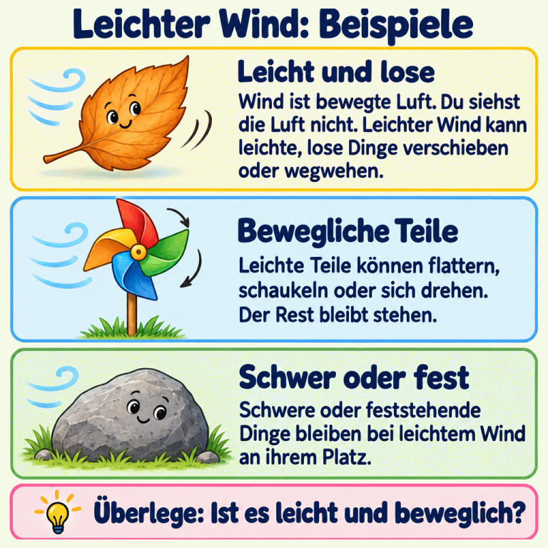 Drei Beispiele für leichten Wind: Ein loses trockenes Blatt kann verschoben oder weggeweht werden. Die leichten Flügel eines Windrads können sich drehen, während seine Halterung stehen bleibt. Ein schwerer Stein bleibt an seinem Platz. Die Texte erklären, dass Wind unsichtbare bewegte Luft ist, und erinnern daran, auf Gewicht und Beweglichkeit zu achten. Leichter Wind: Beispiele Leicht und lose: Wind ist bewegte Luft. Du siehst die Luft nicht. Leichter Wind kann leichte, lose Dinge verschieben oder wegwehen. Bewegliche Teile: Leichte Teile können flattern, schaukeln oder sich drehen. Der Rest bleibt stehen. Schwer oder fest: Schwere oder feststehende Dinge bleiben bei leichtem Wind an ihrem Platz. Überlege: Ist es leicht und beweglich?