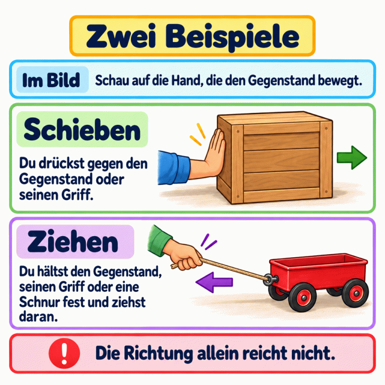 Zwei Beispiele. Schau auf die Hand, die den Gegenstand bewegt. Eine Hand drückt gegen eine Kiste: Schieben. Eine Hand zieht an einer gespannten Schnur, die an einem Wagen befestigt ist: Ziehen. Die Richtung allein reicht nicht. Zwei Beispiele Im Bild: Schau auf die Hand, die den Gegenstand bewegt. Schieben: Du drückst gegen den Gegenstand oder seinen Griff. Ziehen: Du hältst den Gegenstand, seinen Griff oder eine Schnur fest und ziehst daran. Die Richtung allein reicht nicht. !