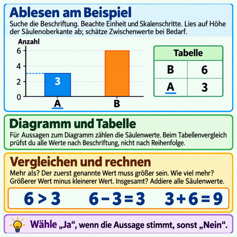 Ein Beispieldiagramm zeigt A mit 3 und B mit 6. Die Skala steigt in Zweierschritten; 3 liegt zwischen 2 und 4. Eine Tabelle enthält dieselben Werte in anderer Reihenfolge. Die Beispielausdrücke zeigen: 6 ist größer als 3, der Unterschied ist 3 und die Summe ist 9. Die Texte erklären Ablesen, Tabellenvergleich, Rechnen und die Wahl von Ja oder Nein. Ablesen am Beispiel: Suche die Beschriftung. Beachte Einheit und Skalenschritte. Lies auf Höhe der Säulenoberkante ab; schätze Zwischenwerte bei Bedarf. Diagramm und Tabelle: Für Aussagen zum Diagramm zählen die Säulenwerte. Beim Tabellenvergleich prüfst du alle Werte nach Beschriftung, nicht nach Reihenfolge. Vergleichen und rechnen: Mehr als? Der zuerst genannte Wert muss größer sein. Wie viel mehr? Größerer Wert minus kleinerer Wert. Insgesamt? Addiere alle Säulenwerte. Wähle „Ja“, wenn die Aussage stimmt, sonst „Nein“. Anzahl Tabelle A B 2 4 6 3 6 > 3 6 − 3 = 3 3 + 6 = 9