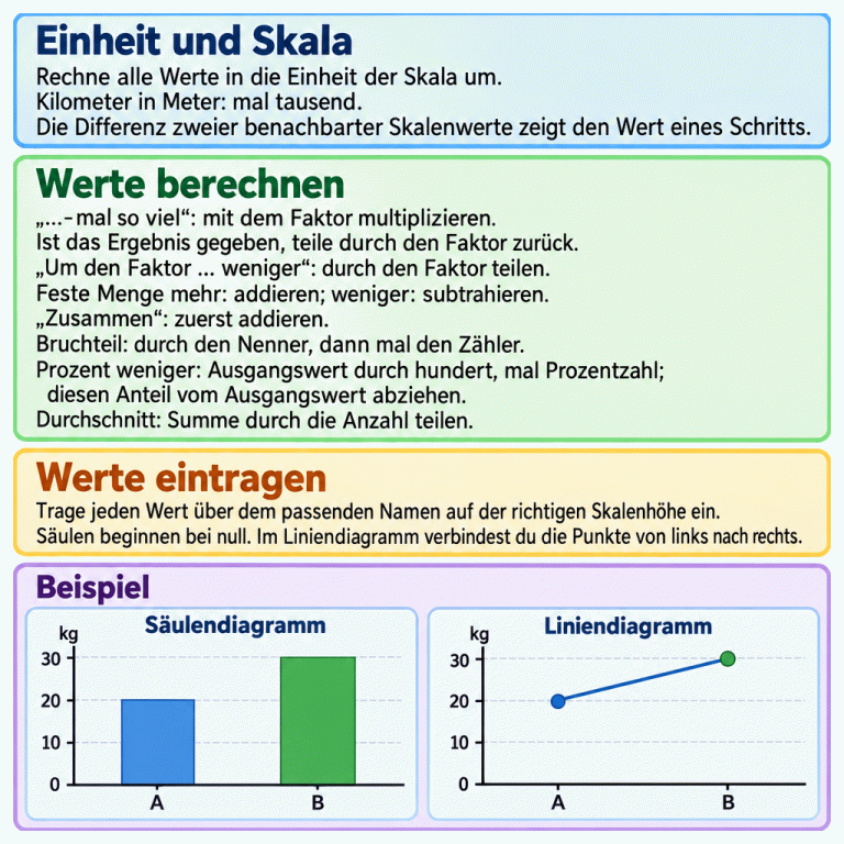 Lernkarte zum Berechnen und Eintragen von Diagrammwerten: erst Einheiten und Skalenschritte prüfen, dann passende Rechenregeln anwenden und die Werte den Namen zuordnen. Ein gekennzeichnetes Beispiel zeigt A mit 20 kg und B mit 30 kg als Säulen ab null und als zwei verbundene Punkte im Liniendiagramm. Einheit und Skala: Rechne alle Werte in die Einheit der Skala um. Kilometer in Meter: mal tausend. Die Differenz zweier benachbarter Skalenwerte zeigt den Wert eines Schritts. Werte berechnen: „…-mal so viel“: mit dem Faktor multiplizieren. Ist das Ergebnis gegeben, teile durch den Faktor zurück. „Um den Faktor … weniger“: durch den Faktor teilen. Feste Menge mehr: addieren; weniger: subtrahieren. „Zusammen“: zuerst addieren. Bruchteil: durch den Nenner, dann mal den Zähler. Prozent weniger: Ausgangswert durch hundert, mal Prozentzahl; diesen Anteil vom Ausgangswert abziehen. Durchschnitt: Summe durch die Anzahl teilen. Werte eintragen: Trage jeden Wert über dem passenden Namen auf der richtigen Skalenhöhe ein. Säulen beginnen bei null. Im Liniendiagramm verbindest du die Punkte von links nach rechts. Beispiel Säulendiagramm Liniendiagramm kg 10 20 30 A B