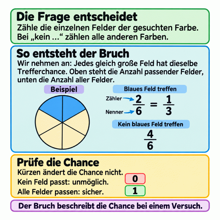 Lernkarte zur Trefferchance. Eine Beispielscheibe hat sechs gleich große Felder: zwei blau und vier andersfarbig. Ein blaues Feld zu treffen hat die Chance zwei Sechstel, also ein Drittel. Kein blaues Feld zu treffen hat die Chance vier Sechstel. Im ungekürzten Bruch steht oben die Anzahl passender Felder und unten die Anzahl aller Felder. Kein passendes Feld bedeutet Wahrscheinlichkeit null; wenn alle Felder passen, ist die Wahrscheinlichkeit eins. Die Frage entscheidet: Zähle die einzelnen Felder der gesuchten Farbe. Bei „kein …“ zählen alle anderen Farben. So entsteht der Bruch: Wir nehmen an: Jedes gleich große Feld hat dieselbe Trefferchance. Oben steht die Anzahl passender Felder, unten die Anzahl aller Felder. Prüfe die Chance: Kürzen ändert die Chance nicht.
Kein Feld passt: unmöglich.
Alle Felder passen: sicher. Der Bruch beschreibt die Chance bei einem Versuch. Beispiel Blaues Feld treffen Kein blaues Feld treffen Zähler Nenner 2 6 1 3 4 =
