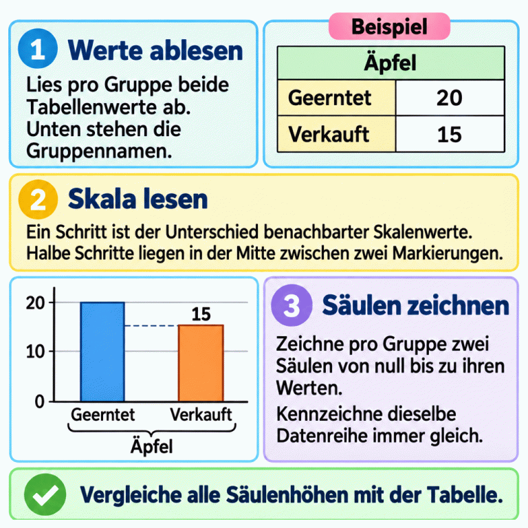 Eine Anleitung erklärt das Ablesen zweier Tabellenwerte pro Gruppe, die Schrittweite der Skala und das Zeichnen zweier Säulen ab null. Im Beispiel Äpfel stehen 20 für Geerntet und 15 für Verkauft. Die Skala zeigt 0, 10 und 20. Die Säule für 15 endet genau in der Mitte zwischen 10 und 20. Zum Schluss werden alle Säulenhöhen mit der Tabelle verglichen. Werte ablesen: Lies pro Gruppe beide Tabellenwerte ab. Unten stehen die Gruppennamen. Skala lesen: Ein Schritt ist der Unterschied benachbarter Skalenwerte. Halbe Schritte liegen in der Mitte zwischen zwei Markierungen. Säulen zeichnen: Zeichne pro Gruppe zwei Säulen von null bis zu ihren Werten. Kennzeichne dieselbe Datenreihe immer gleich. Vergleiche alle Säulenhöhen mit der Tabelle. Beispiel Äpfel Geerntet Verkauft 10 20 15 1 2 3 ✓