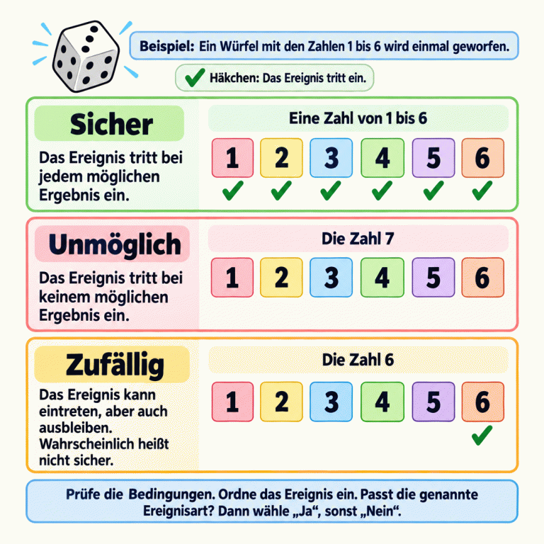 Lehrbeispiel mit einem Würfel, der die Zahlen 1 bis 6 zeigt und einmal geworfen wird. Für eine Zahl von 1 bis 6 passen alle möglichen Ergebnisse: sicher. Für die Zahl 7 passt keines: unmöglich. Für die Zahl 6 passen manche Ergebnisse, andere nicht: zufällig. Häkchen markieren passende Ergebnisse. Prüfe die Bedingungen und vergleiche die Einordnung mit der genannten Ereignisart: Passt sie, wähle „Ja“, sonst „Nein“. Sicher: Das Ereignis tritt bei jedem möglichen Ergebnis ein. Unmöglich: Das Ereignis tritt bei keinem möglichen Ergebnis ein. Zufällig: Das Ereignis kann eintreten, aber auch ausbleiben. Wahrscheinlich heißt nicht sicher. Prüfe die Bedingungen. Ordne das Ereignis ein. Passt die genannte Ereignisart? Dann wähle „Ja“, sonst „Nein“. Beispiel: Ein Würfel mit den Zahlen 1 bis 6 wird einmal geworfen. Häkchen: Das Ereignis tritt ein. Eine Zahl von 1 bis 6 Die Zahl 7 Die Zahl 6 1 2 3 4 5 6 ✓