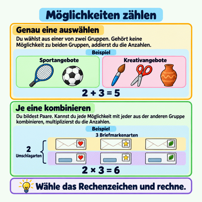 Lernkarte zum Zählen von Möglichkeiten. Im Additionsbeispiel stehen zwei Sportangebote und drei Kreativangebote in getrennten Gruppen. Genau ein Angebot wird gewählt: 2 + 3 = 5. Im Multiplikationsbeispiel werden zwei Umschlagarten mit drei Briefmarkenarten kombiniert. Alle sechs unterschiedlichen Paare sind dargestellt: 2 × 3 = 6. Addiert wird, wenn keine Möglichkeit zu beiden Gruppen gehört. Multipliziert wird, wenn jede Möglichkeit der einen Gruppe mit jeder der anderen kombinierbar ist. Möglichkeiten zählen Genau eine auswählen: Du wählst aus einer von zwei Gruppen. Gehört keine Möglichkeit zu beiden Gruppen, addierst du die Anzahlen. Je eine kombinieren: Du bildest Paare. Kannst du jede Möglichkeit mit jeder aus der anderen Gruppe kombinieren, multiplizierst du die Anzahlen. Wähle das Rechenzeichen und rechne. Beispiel Sportangebote Kreativangebote 2 + 3 = 5 2 Umschlagarten 3 Briefmarkenarten 2 × 3 = 6