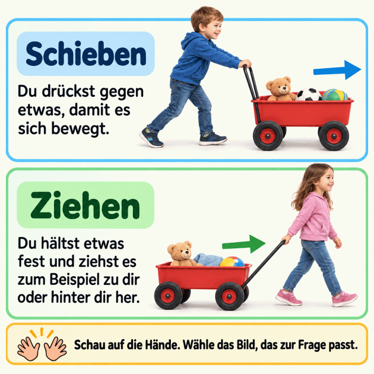 Zwei Lehrbilder zeigen Schieben und Ziehen. Beim Schieben drückt ein Kind am Griff gegen einen Wagen und bewegt ihn vor sich weiter. Beim Ziehen hält ein Kind den Griff eines Wagens fest und zieht ihn hinter sich her. Je ein Pfeil zeigt die Bewegung. Die Texte erklären beide Handlungen und erinnern daran, auf die Hände zu schauen und das zur Frage passende Bild zu wählen. Schieben: Du drückst gegen etwas, damit es sich bewegt. Ziehen: Du hältst etwas fest und ziehst es zum Beispiel zu dir oder hinter dir her. Schau auf die Hände. Wähle das Bild, das zur Frage passt.