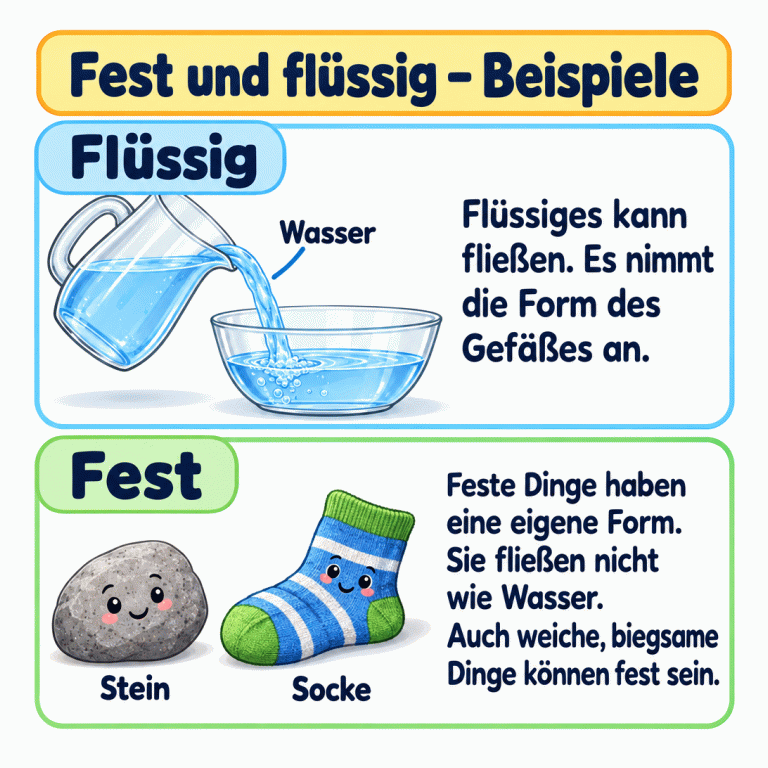 Beispiele für fest und flüssig: Wasser fließt zwischen unterschiedlich geformten Gefäßen und passt sich ihrer Form an. Ein Stein und eine weich gebogene Socke sind fest. Die Socke zeigt, dass auch weiche und biegsame Dinge fest sein können. Fest und flüssig – Beispiele Flüssig: Flüssiges kann fließen. Es nimmt die Form des Gefäßes an. Fest: Feste Dinge haben eine eigene Form. Sie fließen nicht wie Wasser. Auch weiche, biegsame Dinge können fest sein. Wasser Stein Socke