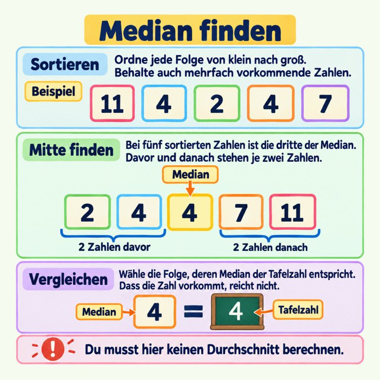 Die Karte erklärt: Jede Folge aufsteigend sortieren, Wiederholungen behalten, bei fünf Zahlen den dritten Wert als Median ablesen und mit der Tafelzahl vergleichen. Im gekennzeichneten Beispiel wird aus 11, 4, 2, 4, 7 die Folge 2, 4, 4, 7, 11. Die dritte Zahl, 4, ist der Median; davor und danach stehen je zwei Einträge. Der Beispielmedian 4 stimmt mit der Beispieltafelzahl 4 überein. Ein Durchschnitt wird nicht berechnet. Median finden Sortieren: Ordne jede Folge von klein nach groß. Behalte auch mehrfach vorkommende Zahlen. Mitte finden: Bei fünf sortierten Zahlen ist die dritte der Median. Davor und danach stehen je zwei Zahlen. Vergleichen: Wähle die Folge, deren Median der Tafelzahl entspricht. Dass die Zahl vorkommt, reicht nicht. Du musst hier keinen Durchschnitt berechnen. Beispiel 11 4 2 7 Median = Tafelzahl 2 Zahlen davor 2 Zahlen danach !
