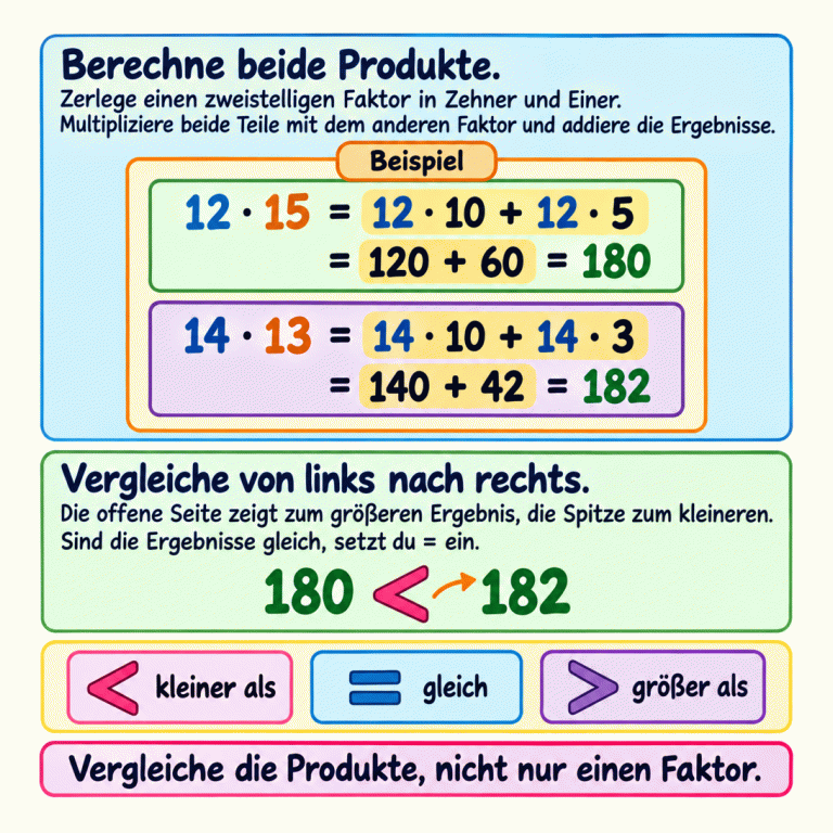Eine Rechenkarte zeigt ein Beispiel für das Berechnen und Vergleichen zweier Produkte. 12 mal 15 wird als 12 mal 10 plus 12 mal 5 gerechnet: 120 plus 60 ergibt 180. 14 mal 13 wird als 14 mal 10 plus 14 mal 3 gerechnet: 140 plus 42 ergibt 182. Deshalb gilt: 180 ist kleiner als 182. Die offene Seite des Vergleichszeichens zeigt zu 182, die Spitze zu 180. Eine Zeichenübersicht erklärt kleiner als, gleich und größer als. Verglichen werden die Produkte, nicht nur einzelne Faktoren. Berechne beide Produkte.: Zerlege einen zweistelligen Faktor in Zehner und Einer. Multipliziere beide Teile mit dem anderen Faktor und addiere die Ergebnisse. Vergleiche von links nach rechts.: Die offene Seite zeigt zum größeren Ergebnis, die Spitze zum kleineren. Sind die Ergebnisse gleich, setzt du = ein. Vergleiche die Produkte, nicht nur einen Faktor. Beispiel 12 · 15 = 12 · 10 + 12 · 5 = 120 + 60 = 180 14 · 13 = 14 · 10 + 14 · 3 = 140 + 42 = 182 180 < 182 < kleiner als = gleich > größer als