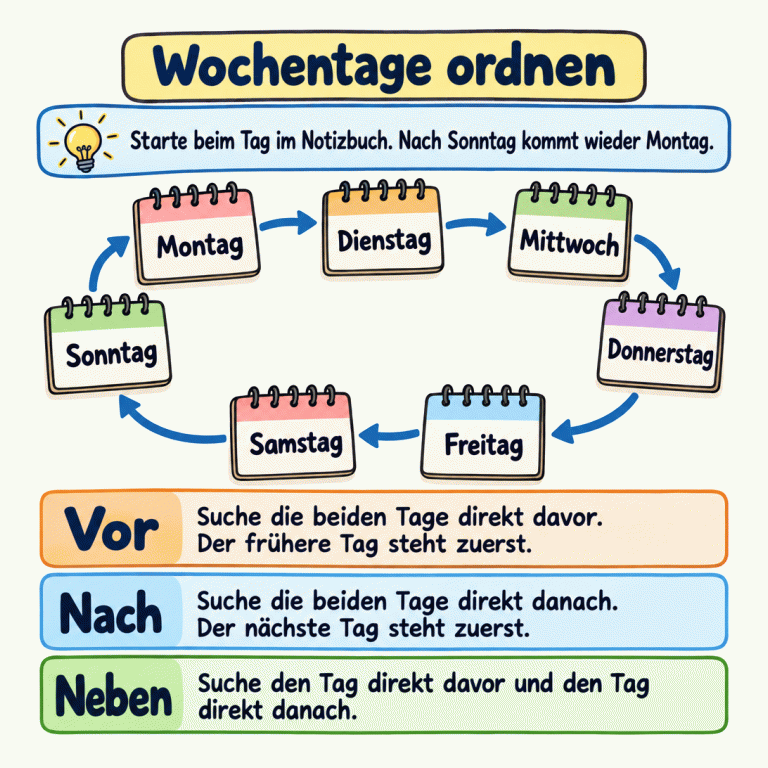 Sieben Tageskarten sind mit Pfeilen verbunden: Montag, Dienstag, Mittwoch, Donnerstag, Freitag, Samstag, Sonntag und wieder Montag. Starte beim Tag im Notizbuch. Vor: die beiden Tage direkt davor, den früheren zuerst. Nach: die beiden Tage direkt danach, den nächsten zuerst. Neben: den Tag direkt davor und den Tag direkt danach. Wochentage ordnen Vor: Suche die beiden Tage direkt davor. Der frühere Tag steht zuerst. Nach: Suche die beiden Tage direkt danach. Der nächste Tag steht zuerst. Neben: Suche den Tag direkt davor und den Tag direkt danach. Starte beim Tag im Notizbuch. Nach Sonntag kommt wieder Montag. Montag Dienstag Mittwoch Donnerstag Freitag Samstag Sonntag