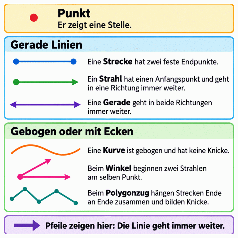 Sieben geometrische Grundfiguren mit Erklärungen. Ein Punkt zeigt eine Stelle. Eine gerade Strecke hat zwei feste Endpunkte. Ein Strahl beginnt an einem Punkt und geht gerade in einer Richtung immer weiter. Eine Gerade geht in beiden Richtungen immer weiter. Eine Kurve ist gebogen und hat keine Knicke. Beim Winkel beginnen zwei Strahlen am selben Punkt. Beim Polygonzug hängen gerade Strecken Ende an Ende zusammen und bilden Knicke. Pfeilspitzen zeigen in den Lehrzeichnungen das Weitergehen. Punkt: Er zeigt eine Stelle. Gerade Linien: Eine Strecke hat zwei feste Endpunkte.
Ein Strahl hat einen Anfangspunkt und geht in eine Richtung immer weiter.
Eine Gerade geht in beide Richtungen immer weiter. Gebogen oder mit Ecken: Eine Kurve ist gebogen und hat keine Knicke.
Beim Winkel beginnen zwei Strahlen am selben Punkt.
Beim Polygonzug hängen Strecken Ende an Ende zusammen und bilden Knicke. Pfeile zeigen hier: Die Linie geht immer weiter.