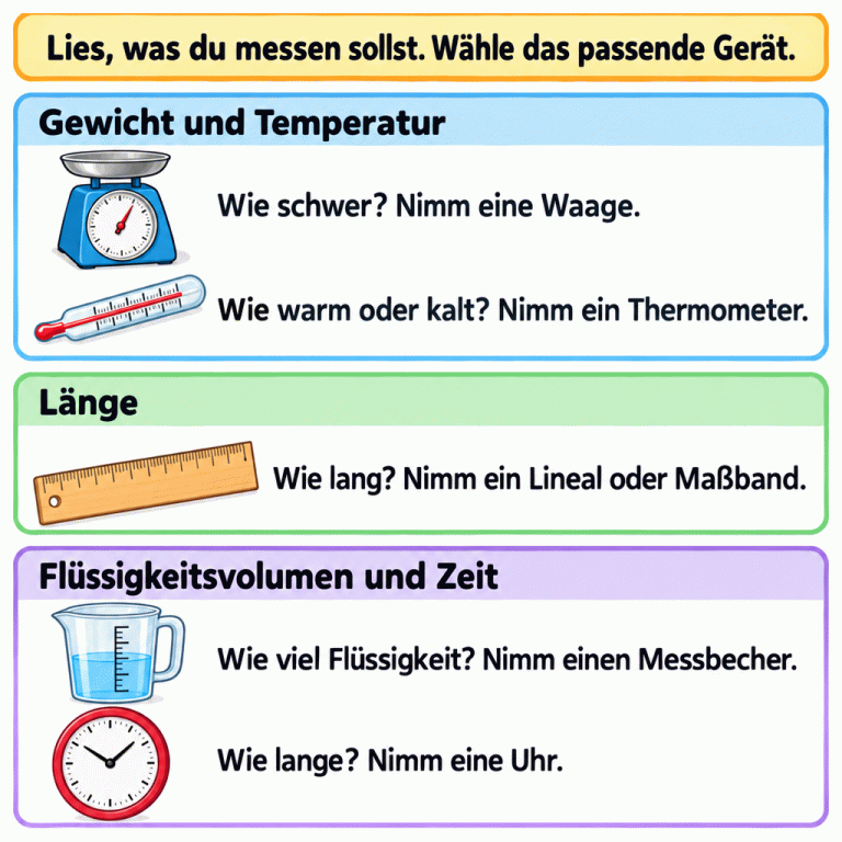 Die Karte zeigt passende Messgeräte: eine Waage zum Wiegen, ein Thermometer für die Temperatur, ein Lineal für die Länge, einen Messbecher für das Flüssigkeitsvolumen und eine Uhr für die Zeit. Auch ein Maßband kann Längen messen. Lies zuerst, was gemessen werden soll, und wähle danach das passende Gerät. Gewicht und Temperatur: Wie schwer? Nimm eine Waage.
Wie warm oder kalt? Nimm ein Thermometer. Länge: Wie lang? Nimm ein Lineal oder Maßband. Flüssigkeitsvolumen und Zeit: Wie viel Flüssigkeit? Nimm einen Messbecher.
Wie lange? Nimm eine Uhr. Lies, was du messen sollst. Wähle das passende Gerät.