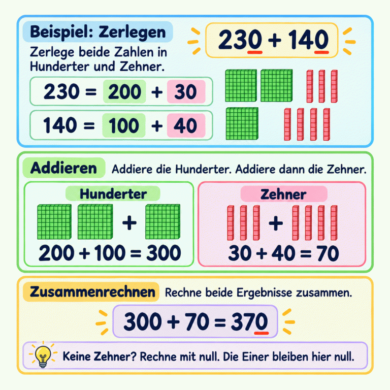 Ein Lehrbeispiel zeigt 230 plus 140. Zuerst wird 230 in 200 und 30 zerlegt, 140 in 100 und 40. Die Hunderterrechnung ergibt 300, die Zehnerrechnung 70. Zusammen ergeben 300 und 70 die Summe 370. Der Merksatz erklärt: Fehlende Zehner werden als null mitgerechnet; die Einer bleiben bei diesen Zahlen null. Beispiel: Zerlegen: Zerlege beide Zahlen in Hunderter und Zehner. Addieren: Addiere die Hunderter. Addiere dann die Zehner. Zusammenrechnen: Rechne beide Ergebnisse zusammen. Keine Zehner? Rechne mit null. Die Einer bleiben hier null. 230 + 140 230 = 200 + 30 140 = 100 + 40 Hunderter 200 + 100 = 300 Zehner 30 + 40 = 70 300 + 70 = 370 + +