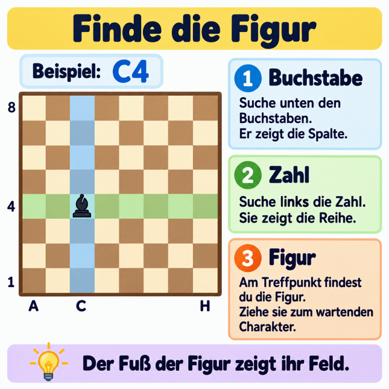 Lehrbeispiel C4 auf einem Schachbrett: Die senkrechte Spalte C und die waagerechte Reihe 4 sind hervorgehoben. Auf ihrem gemeinsamen Feld steht eine Figur mit ihrem Fuß. Die Erklärung zeigt: zuerst den Buchstaben, dann die Zahl suchen und die Figur vom gefundenen Feld zum wartenden Charakter ziehen. Finde die Figur Buchstabe: Suche unten den Buchstaben. Er zeigt die Spalte. Zahl: Suche links die Zahl. Sie zeigt die Reihe. Figur: Am Treffpunkt findest du die Figur. Ziehe sie zum wartenden Charakter. Der Fuß der Figur zeigt ihr Feld. Beispiel: C4 A C H 1 4 8 1 2 3