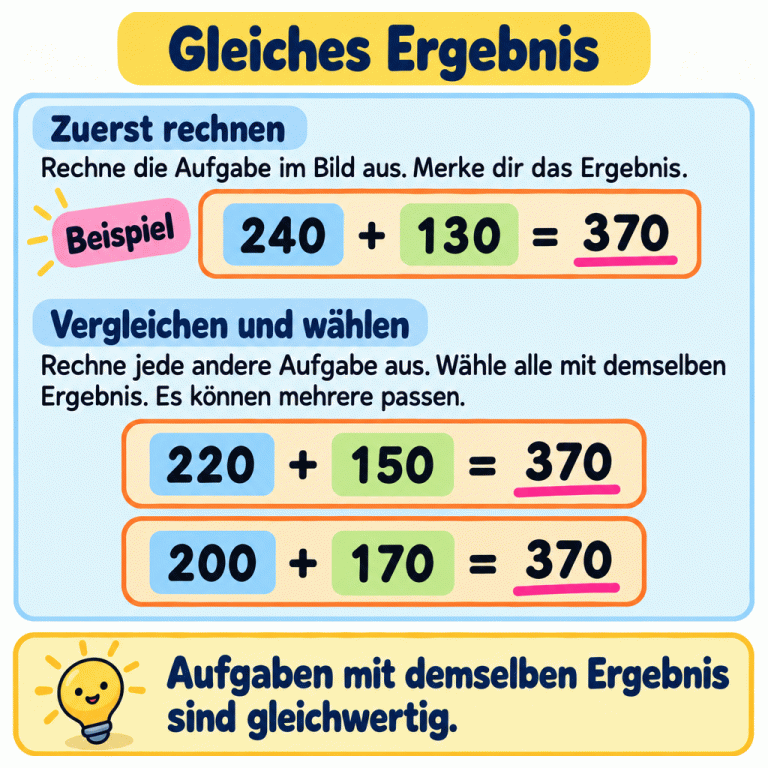 Rechne zuerst die Aufgabe im Bild aus. Rechne dann jede andere Aufgabe und wähle alle mit demselben Ergebnis. Das gekennzeichnete Beispiel zeigt: 240 + 130 = 370, 220 + 150 = 370 und 200 + 170 = 370. Die gleichen Ergebnisse sind unterstrichen. Mehrere Aufgaben können passen. Aufgaben mit demselben Ergebnis sind gleichwertig. Gleiches Ergebnis Zuerst rechnen: Rechne die Aufgabe im Bild aus. Merke dir das Ergebnis. Vergleichen und wählen: Rechne jede andere Aufgabe aus. Wähle alle mit demselben Ergebnis. Es können mehrere passen. Aufgaben mit demselben Ergebnis sind gleichwertig. Beispiel 240 + 130 = 370 220 + 150 = 370 200 + 170 = 370