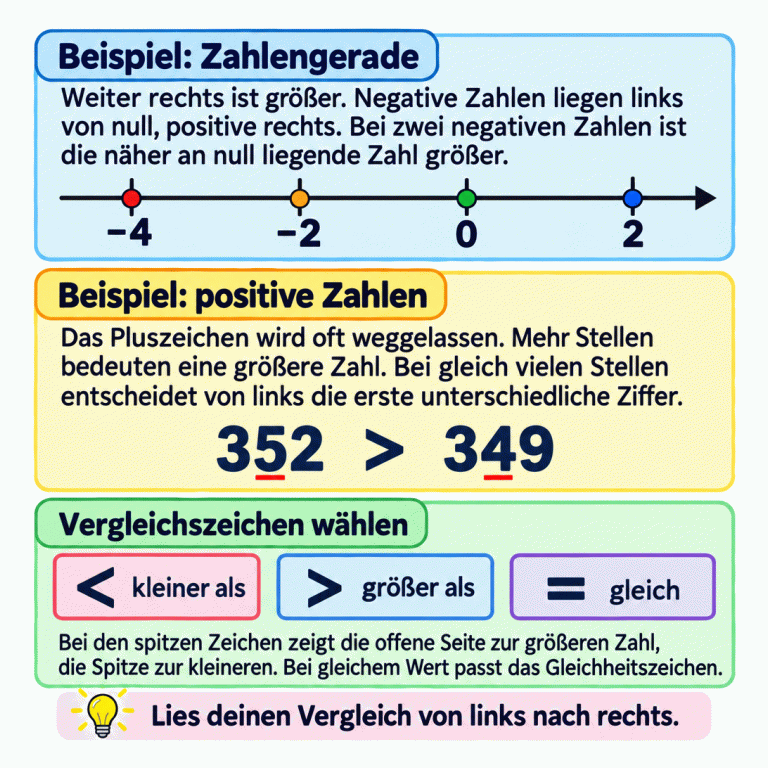 Zwei Lehrbeispiele und eine Zeichenlegende erklären den Vergleich ganzer Zahlen. Die Zahlengerade zeigt von links nach rechts −4, −2, 0 und 2. Die negative Zahl näher an null ist größer. Das positive Beispiel 352 > 349 zeigt den Vergleich an der ersten unterschiedlichen Ziffer. Die Legende erklärt < als kleiner als, > als größer als und = als gleich. Bei den spitzen Zeichen zeigt die offene Seite zur größeren Zahl. Beispiel: Zahlengerade: Weiter rechts ist größer. Negative Zahlen liegen links von null, positive rechts. Bei zwei negativen Zahlen ist die näher an null liegende Zahl größer. Beispiel: positive Zahlen: Das Pluszeichen wird oft weggelassen. Mehr Stellen bedeuten eine größere Zahl. Bei gleich vielen Stellen entscheidet von links die erste unterschiedliche Ziffer. Vergleichszeichen wählen: Bei den spitzen Zeichen zeigt die offene Seite zur größeren Zahl, die Spitze zur kleineren. Bei gleichem Wert passt das Gleichheitszeichen. Lies deinen Vergleich von links nach rechts. −4 −2 2 352 349 < > = kleiner als größer als gleich
