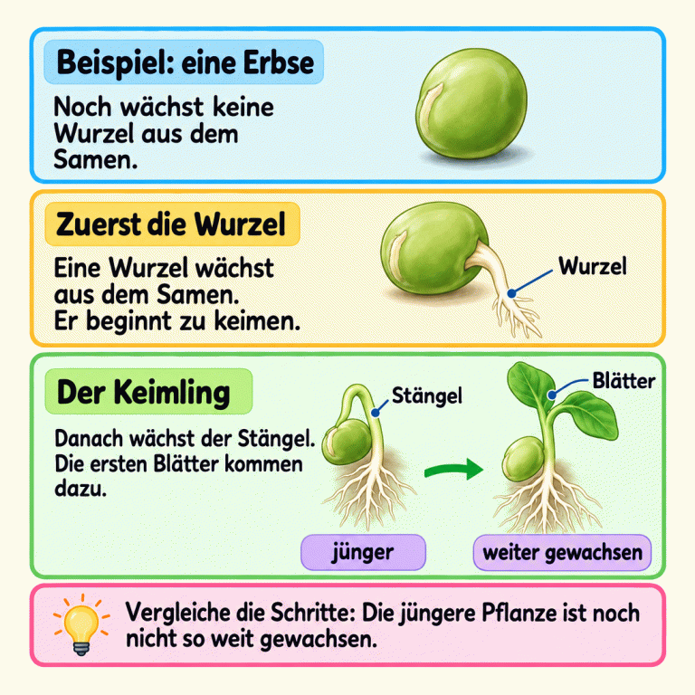 Eine Erbse dient als Beispiel für vier Wachstumsschritte: Samen ohne austretende Wurzel, Samen mit erster Wurzel, Keimling mit Wurzel und Stängel und schließlich ein Keimling mit entfalteten Blättern. Zuerst wächst die Wurzel, danach der Stängel; Blätter kommen dazu. Wurzel, Stängel und Blätter sind beschriftet. Im Vergleich heißt der frühere Keimling jünger und der spätere weiter gewachsen. Der Text fordert dazu auf, die Wachstumsschritte zu vergleichen. Beispiel: eine Erbse: Noch wächst keine Wurzel aus dem Samen. Zuerst die Wurzel: Eine Wurzel wächst aus dem Samen. Er beginnt zu keimen. Der Keimling: Danach wächst der Stängel. Die ersten Blätter kommen dazu. Vergleiche die Schritte: Die jüngere Pflanze ist noch nicht so weit gewachsen. Wurzel Stängel Blätter jünger weiter gewachsen
