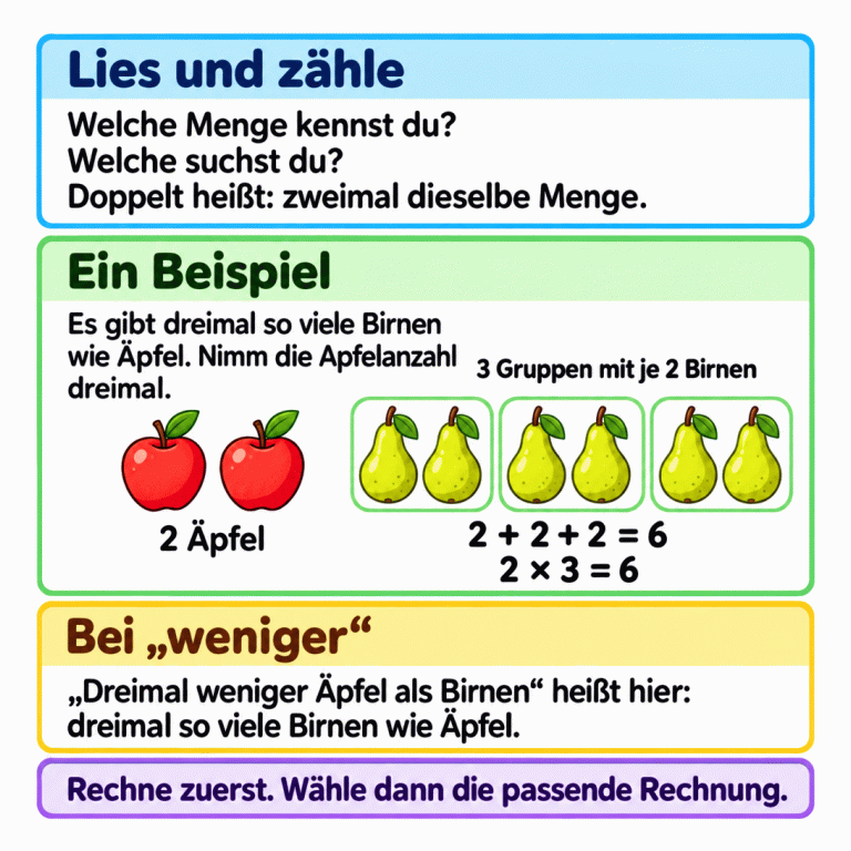 Ein Beispiel zeigt zwei Äpfel und sechs Birnen. Die Birnen bilden drei Gruppen mit je zwei Birnen. Zwei plus zwei plus zwei ergibt sechs; zwei mal drei ergibt ebenfalls sechs. Doppelt bedeutet zweimal dieselbe Menge. „Dreimal weniger Äpfel als Birnen“ beschreibt hier denselben Vergleich wie „dreimal so viele Birnen wie Äpfel“. Erst rechnen, dann die passende Rechnung wählen. Lies und zähle: Welche Menge kennst du? Welche suchst du? Doppelt heißt: zweimal dieselbe Menge. Ein Beispiel: Es gibt dreimal so viele Birnen wie Äpfel. Nimm die Apfelanzahl dreimal. Bei „weniger“: „Dreimal weniger Äpfel als Birnen“ heißt hier: dreimal so viele Birnen wie Äpfel. Rechne zuerst. Wähle dann die passende Rechnung. 2 Äpfel 3 Gruppen mit je 2 Birnen 2 + 2 + 2 = 6 2 × 3 = 6