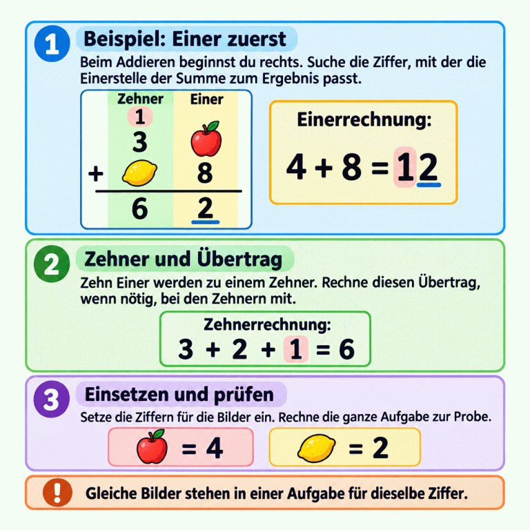 Beispiel einer schriftlichen Addition: Ein Apfel steht hier für 4, eine Zitrone für 2. Die Rechnung ist 34 plus 28 gleich 62. Bei den Einern ergibt 4 plus 8 die Summe 12: 2 Einer bleiben rechts, 1 Zehner wird übertragen. Bei den Zehnern ergibt 3 plus 2 plus 1 insgesamt 6 Zehner. Zum Schluss werden die Bildziffern eingesetzt und die ganze Rechnung geprüft. Gleiche Bilder haben innerhalb einer Aufgabe denselben Ziffernwert. Beispiel: Einer zuerst: Beim Addieren beginnst du rechts. Suche die Ziffer, mit der die Einerstelle der Summe zum Ergebnis passt. Zehner und Übertrag: Zehn Einer werden zu einem Zehner. Rechne diesen Übertrag, wenn nötig, bei den Zehnern mit. Einsetzen und prüfen: Setze die Ziffern für die Bilder ein. Rechne die ganze Aufgabe zur Probe. Gleiche Bilder stehen in einer Aufgabe für dieselbe Ziffer. Zehner Einer 3 8 6 2 1 4 12 + = 1 Einerrechnung: 2 Zehnerrechnung: 3 !