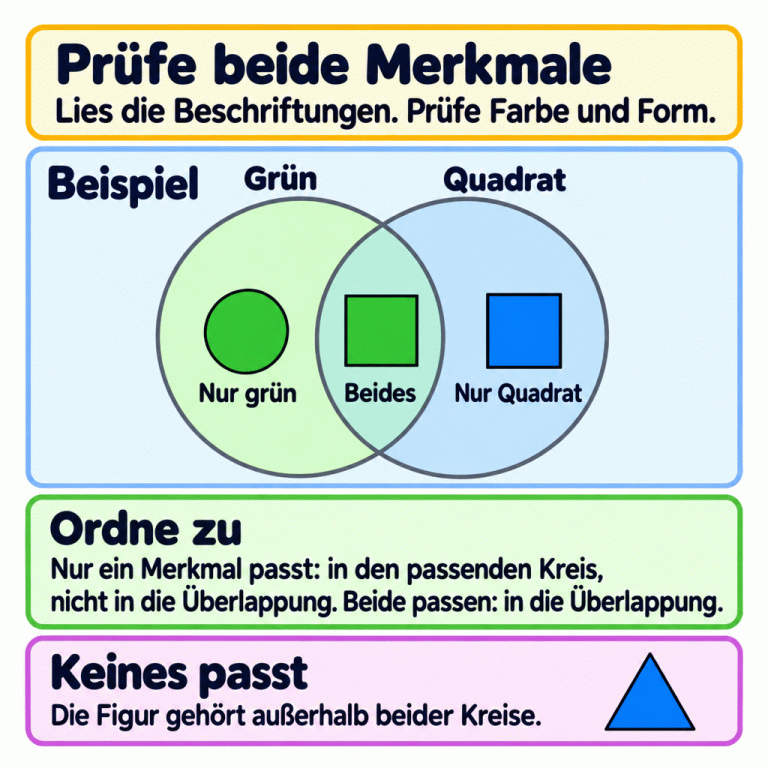 Ein Lehrbeispiel zeigt zwei überlappende Kreise mit den Beschriftungen Grün und Quadrat. Ein grüner Kreis liegt nur im Farbkreis, ein grünes Quadrat in der Überlappung und ein blaues Quadrat nur im Formkreis. Ein blaues Dreieck liegt außerhalb beider Kreise. Die Erklärung fordert dazu auf, beide Beschriftungen zu lesen und Farbe und Form zu prüfen: Nur ein passendes Merkmal führt in den entsprechenden Einzelbereich, beide führen in die Überlappung und keines führt außerhalb beider Kreise. Prüfe beide Merkmale: Lies die Beschriftungen. Prüfe Farbe und Form. Ordne zu: Nur ein Merkmal passt: in den passenden Kreis, nicht in die Überlappung. Beide passen: in die Überlappung. Keines passt: Die Figur gehört außerhalb beider Kreise. Beispiel Grün Quadrat Nur grün Beides Nur Quadrat
