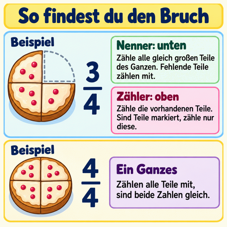 Zwei Kuchen als Beispiele für Brüche. Im ersten sind drei von vier gleich großen Teilen vorhanden; ein Teil fehlt. Daneben steht drei Viertel. Im zweiten sind alle vier Teile vorhanden; daneben steht vier Viertel. Der Nenner unten zählt alle Teile des Ganzen, auch fehlende. Der Zähler oben zählt die vorhandenen Teile oder, bei einer Markierung, nur die markierten Teile. Wenn alle Teile mitzählen, zeigen gleiche Zahlen oben und unten ein Ganzes. So findest du den Bruch Nenner: unten: Zähle alle gleich großen Teile des Ganzen. Fehlende Teile zählen mit. Zähler: oben: Zähle die vorhandenen Teile. Sind Teile markiert, zähle nur diese. Ein Ganzes: Zählen alle Teile mit, sind beide Zahlen gleich. Beispiel 3 4 —
