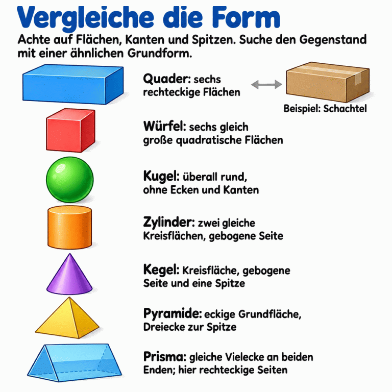 Die Lernkarte erklärt: Vergleiche Flächen, Kanten und Spitzen und suche eine ähnliche Grundform. Sie zeigt einen Quader mit sechs rechteckigen Flächen und eine Schachtel als Beispiel, einen Würfel mit sechs gleich großen quadratischen Flächen, eine überall runde Kugel ohne Ecken und Kanten, einen Zylinder mit zwei gleichen Kreisflächen und gebogener Seite, einen Kegel mit Kreisfläche und Spitze, eine Pyramide mit eckiger Grundfläche und dreieckigen Seiten sowie ein gerades Dreiecksprisma mit gleichen parallelen Endflächen und rechteckigen Seiten. Vergleiche die Form: Achte auf Flächen, Kanten und Spitzen. Suche den Gegenstand mit einer ähnlichen Grundform. Quader: sechs rechteckige Flächen Beispiel: Schachtel Würfel: sechs gleich große quadratische Flächen Kugel: überall rund, ohne Ecken und Kanten Zylinder: zwei gleiche Kreisflächen, gebogene Seite Kegel: Kreisfläche, gebogene Seite und eine Spitze Pyramide: eckige Grundfläche, Dreiecke zur Spitze Prisma: gleiche Vielecke an beiden Enden; hier rechteckige Seiten