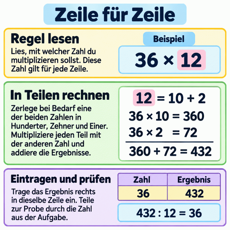 Die Karte erklärt drei Schritte: Aufgabenregel lesen, in Teilen rechnen und das Ergebnis in derselben Tabellenzeile eintragen und prüfen. Das gekennzeichnete Beispiel ist 36 mal 12. Der Faktor 12 wird in 10 und 2 zerlegt. 36 mal 10 ergibt 360, 36 mal 2 ergibt 72. Zusammen sind das 432. In der Tabelle stehen 36 links und 432 rechts in derselben Zeile. Die Probe 432 geteilt durch 12 ergibt wieder 36. Die Anleitung nennt auch Hunderter, damit der Rechenweg auf dreistellige Zahlen übertragbar ist. Zeile für Zeile Regel lesen: Lies, mit welcher Zahl du multiplizieren sollst. Diese Zahl gilt für jede Zeile. In Teilen rechnen: Zerlege bei Bedarf eine der beiden Zahlen in Hunderter, Zehner und Einer. Multipliziere jeden Teil mit der anderen Zahl und addiere die Ergebnisse. Eintragen und prüfen: Trage das Ergebnis rechts in dieselbe Zeile ein. Teile zur Probe durch die Zahl aus der Aufgabe. Beispiel 36 × 12 12 = 10 + 2 36 × 10 = 360 36 × 2 = 72 360 + 72 = 432 Zahl Ergebnis 36 432 432 : 12 = 36