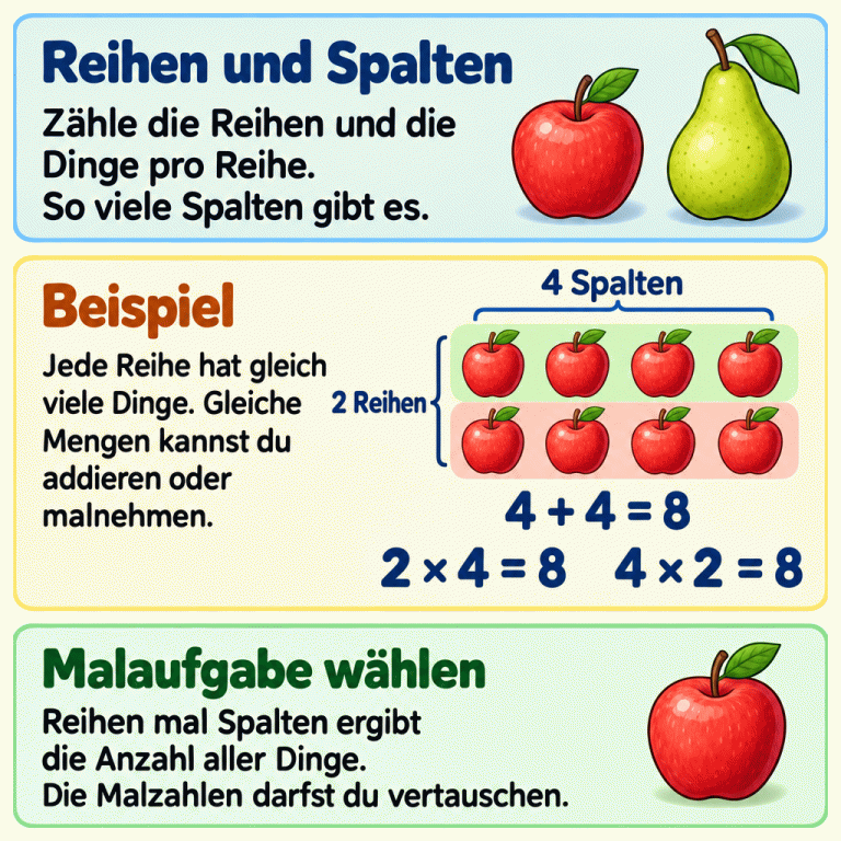 Ein Beispiel zeigt acht Äpfel in zwei Reihen und vier Spalten. Jede Reihe enthält vier Äpfel. Vier plus vier ergibt acht. Zwei mal vier und vier mal zwei ergeben ebenfalls acht. Zähle im jeweiligen Bild die Reihen und die Dinge pro Reihe und wähle die dazu passende Malaufgabe. Reihen und Spalten: Zähle die Reihen und die Dinge pro Reihe. So viele Spalten gibt es. Beispiel: Jede Reihe hat gleich viele Dinge. Gleiche Mengen kannst du addieren oder malnehmen. Malaufgabe wählen: Reihen mal Spalten ergibt die Anzahl aller Dinge. Die Malzahlen darfst du vertauschen. 2 Reihen 4 Spalten 4 + 4 = 8 2 × 4 = 8 4 × 2 = 8
