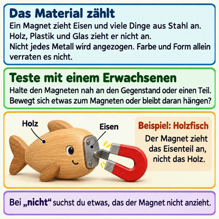 Ein Holzfisch mit einem beschrifteten Eisenteil: Der Magnet haftet am Eisen, nicht direkt am Holz. Die Karte erklärt, dass Eisen und viele Dinge aus Stahl angezogen werden, Holz, Plastik und Glas aber nicht. Nicht jedes Metall wird angezogen. Zum Testen hält man den Magneten nahe an einen Gegenstand oder einen Teil und beobachtet, was passiert. Bei „nicht“ sucht man etwas, das nicht angezogen wird. Das Material zählt: Ein Magnet zieht Eisen und viele Dinge aus Stahl an. Holz, Plastik und Glas zieht er nicht an. Nicht jedes Metall wird angezogen. Farbe und Form allein verraten es nicht. Teste mit einem Erwachsenen: Halte den Magneten nah an den Gegenstand oder einen Teil. Bewegt sich etwas zum Magneten oder bleibt daran hängen? Beispiel: Holzfisch: Der Magnet zieht das Eisenteil an, nicht das Holz. Bei „nicht“ suchst du etwas, das der Magnet nicht anzieht. Holz Eisen