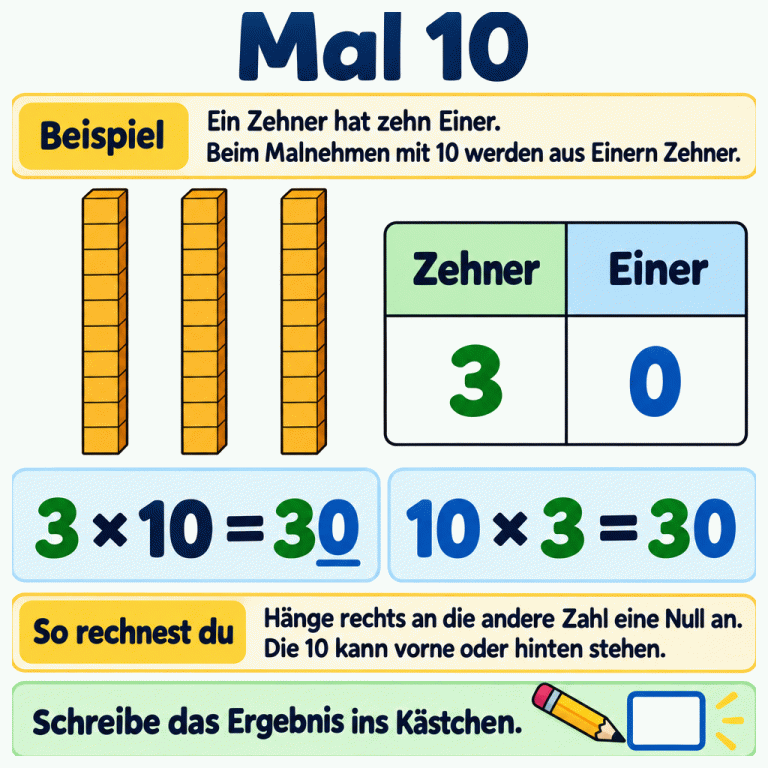 Beispiel zum Malnehmen mit 10: Drei Stangen mit je zehn Einerfeldern zeigen dreißig. Die Stellenwerttafel zeigt 3 Zehner und 0 einzelne Einer. 3 × 10 = 30 und 10 × 3 = 30. Die 10 kann vorne oder hinten stehen. Hänge zum Rechnen rechts an die andere Zahl eine Null an und schreibe das Ergebnis ins Kästchen. Mal 10 Beispiel: Ein Zehner hat zehn Einer. Beim Malnehmen mit 10 werden aus Einern Zehner. So rechnest du: Hänge rechts an die andere Zahl eine Null an. Die 10 kann vorne oder hinten stehen. Schreibe das Ergebnis ins Kästchen. Zehner Einer 3 3 × 10 = 30 10 × 3 = 30