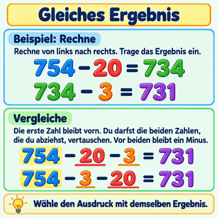 Ein Lehrbeispiel zeigt zwei Rechenschritte: 754 minus 20 ergibt 734, danach ergibt 734 minus 3 das Ergebnis 731. Darunter stehen 754 minus 20 minus 3 und 754 minus 3 minus 20. Beide ergeben 731. Die erste Zahl bleibt vorn; nur die beiden abzuziehenden Zahlen tauschen ihre Reihenfolge, und beide Minuszeichen bleiben erhalten. Gleiches Ergebnis Beispiel: Rechne: Rechne von links nach rechts. Trage das Ergebnis ein. Vergleiche: Die erste Zahl bleibt vorn. Du darfst die beiden Zahlen, die du abziehst, vertauschen. Vor beiden bleibt ein Minus. Wähle den Ausdruck mit demselben Ergebnis. 754 − 20 = 734 734 − 3 = 731 754 − 20 − 3 = 731 754 − 3 − 20 = 731