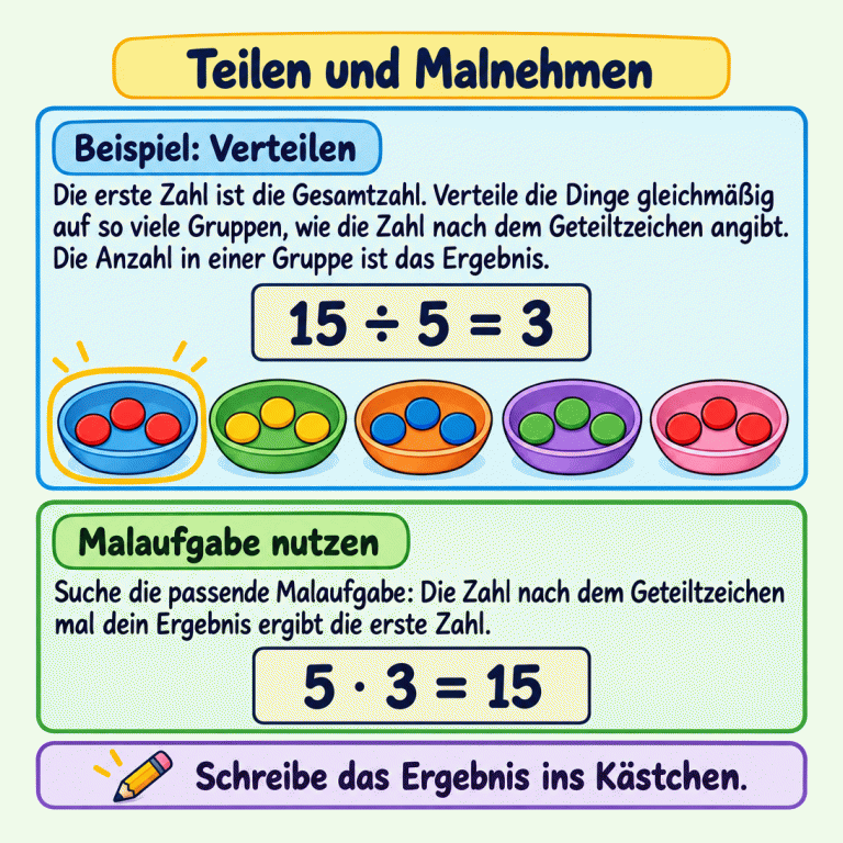Beispiel: Fünf Schälchen enthalten jeweils drei Plättchen, insgesamt fünfzehn. Die Division lautet 15 ÷ 5 = 3. Die passende Malaufgabe ist 5 · 3 = 15. Die Anzahl in einer Gruppe ist das Ergebnis. Teilen und Malnehmen Beispiel: Verteilen: Die erste Zahl ist die Gesamtzahl. Verteile die Dinge gleichmäßig auf so viele Gruppen, wie die Zahl nach dem Geteiltzeichen angibt. Die Anzahl in einer Gruppe ist das Ergebnis. Malaufgabe nutzen: Suche die passende Malaufgabe: Die Zahl nach dem Geteiltzeichen mal dein Ergebnis ergibt die erste Zahl. Schreibe das Ergebnis ins Kästchen. 15 ÷ 5 = 3 5 · 3 = 15